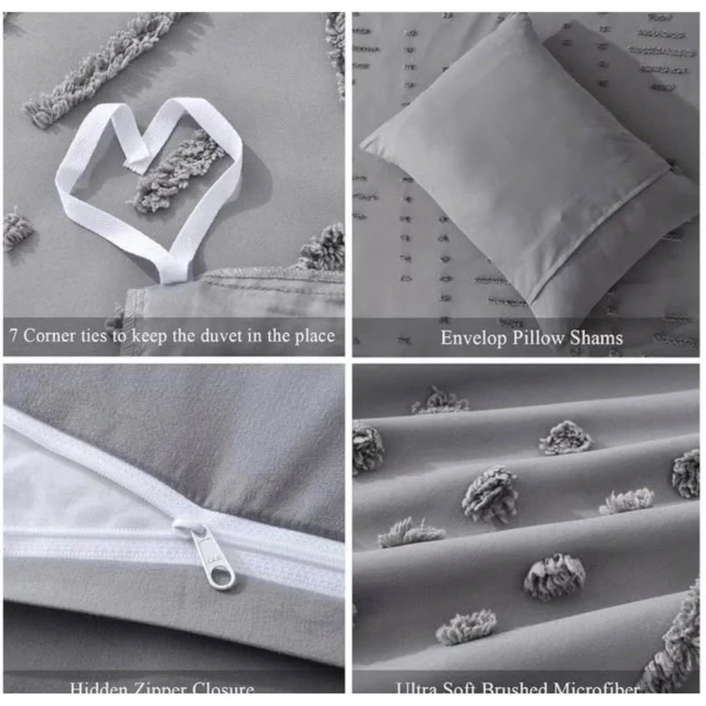 Queen Duvet Cover Set 3 Piece Boho Grey Tufted Geometric Bedding